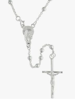 Sterling Silver Cross Rosary Necklace Silver Beads Made in Italy 24 inches